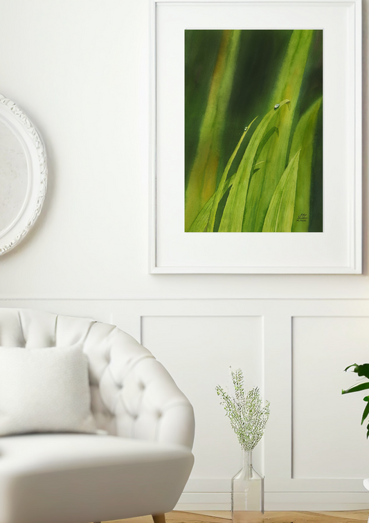 A watercolor painting featuring lush green leaves, with one leaf adorned by a delicate dew drop — a unique, vibrant piece that beautifully captures nature’s freshness and charm. Perfect for nature lovers and art enthusiasts alike. 