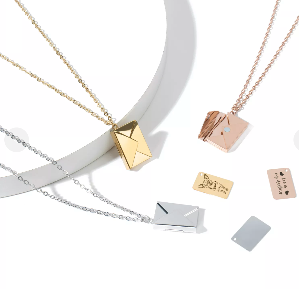 Personalized stainless steel envelope necklace with engraved hidden love note card