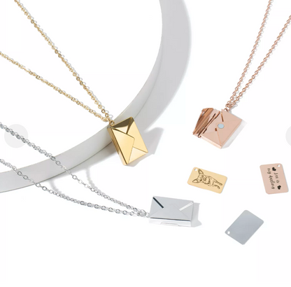 Personalized stainless steel envelope necklace with engraved hidden love note card