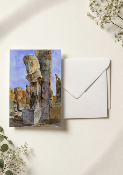 Persepolis watercolor note card with white envelope, Persian art greeting card printed in the USA