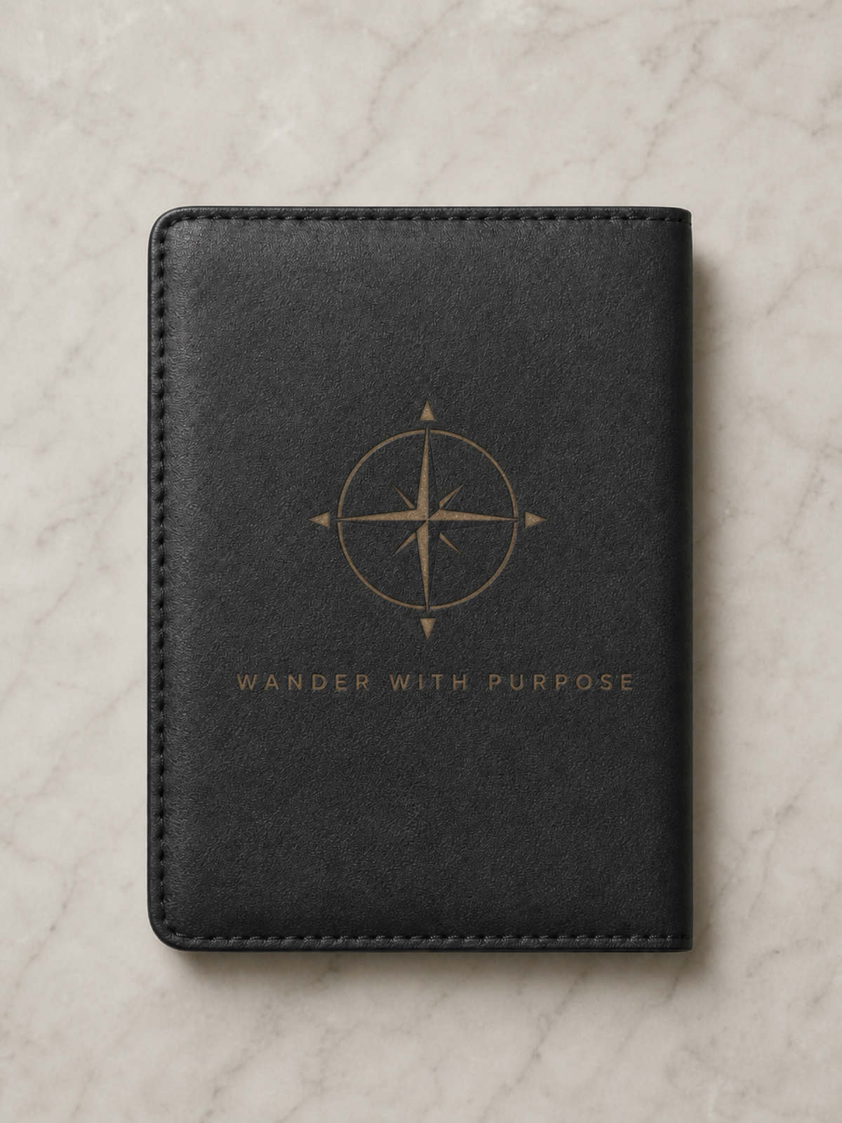Black vegan leather passport cover laser engraved with a compass rose and the phrase Wander With Purpose, personalized travel gift