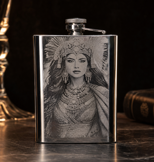Stainless steel hip flask engraved with a detailed portrait photo