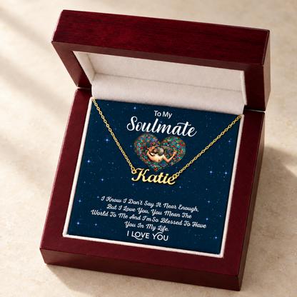 To My Soulmate personalized name necklace with heart pendant, shown in a mahogany gift box