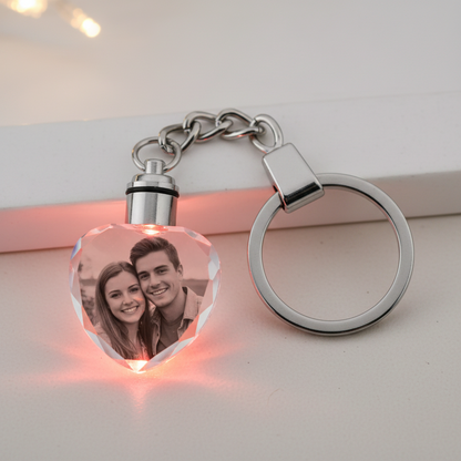 Custom engraved crystal heart keychain with LED light, personalized photo keepsake