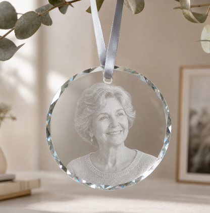 Custom engraved crystal ornament shown as a personalized holiday gift