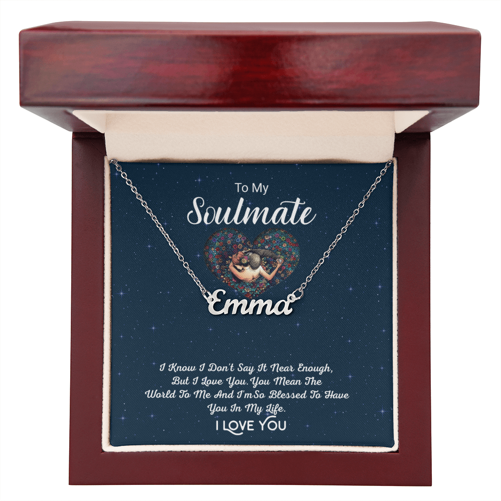 To My Soulmate personalized necklace with silver pendant displayed open in a mahogany gift box, top view