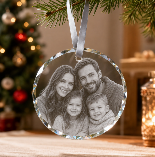 Custom engraved crystal photo ornament, personalized Christmas keepsake gift