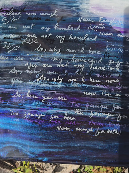 Close-up detail of hand-written bilingual poetry layered in resin on ocean wave painting – The Water Girl by Maryam Mohi