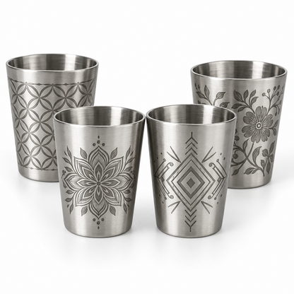 Personalized Engraved Shot Glass Set of 4 with Leather Travel Case | Stainless Steel 1 oz Shot Cups