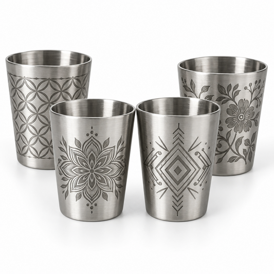 Personalized Engraved Shot Glass Set of 4 with Leather Travel Case | Stainless Steel 1 oz Shot Cups